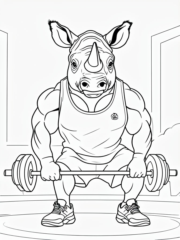 Anthropomorphic Rhino Lifting Barbell Line Drawing Coloring Page
