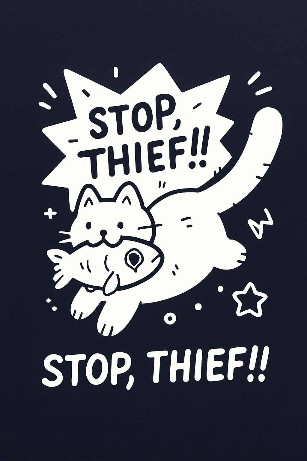 Playful Cat Thief with Fish and Comic Speech Bubble T-Shirt