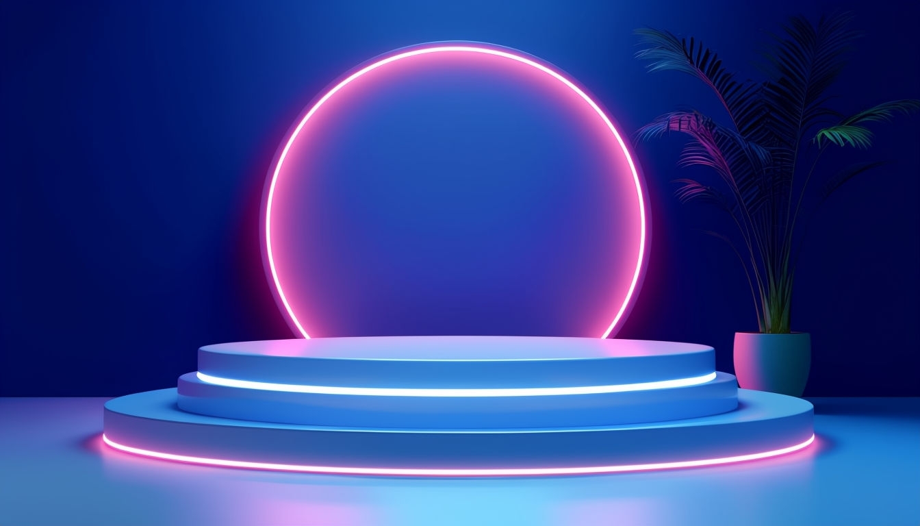 Modern Neon Circular Stage with Plant Background Design Virtual Backgrounds
