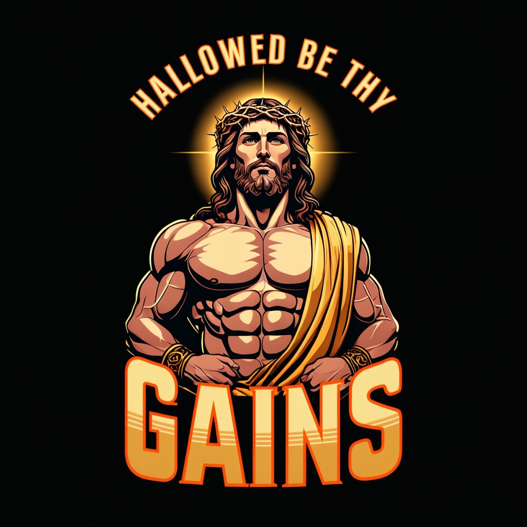 Muscular Jesus Christ Illustration with Hallowed Be Thy Gains T-Shirt