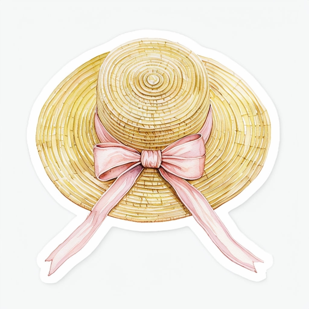 Watercolor Wide-Brimmed Straw Hat with Pink Ribbon Sticker