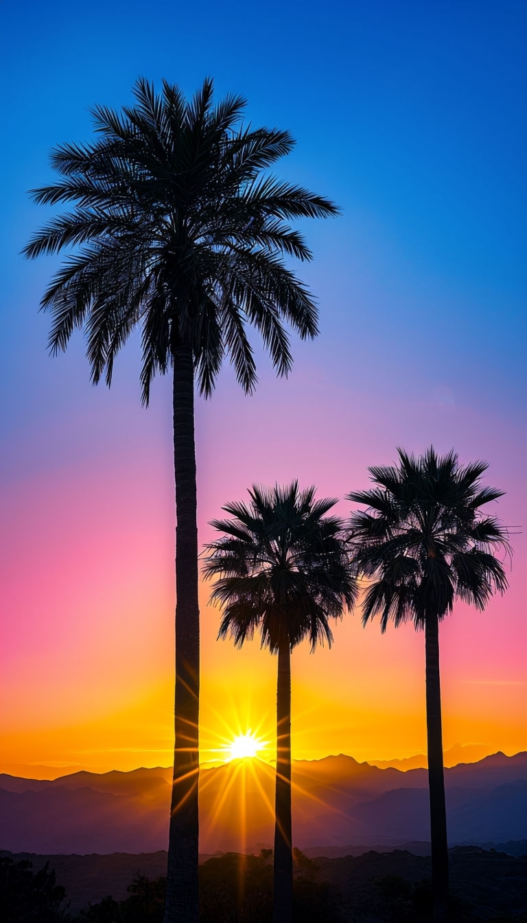 Serene Palm Trees Silhouette Against Vibrant Sunset Sky Mobile Wallpaper