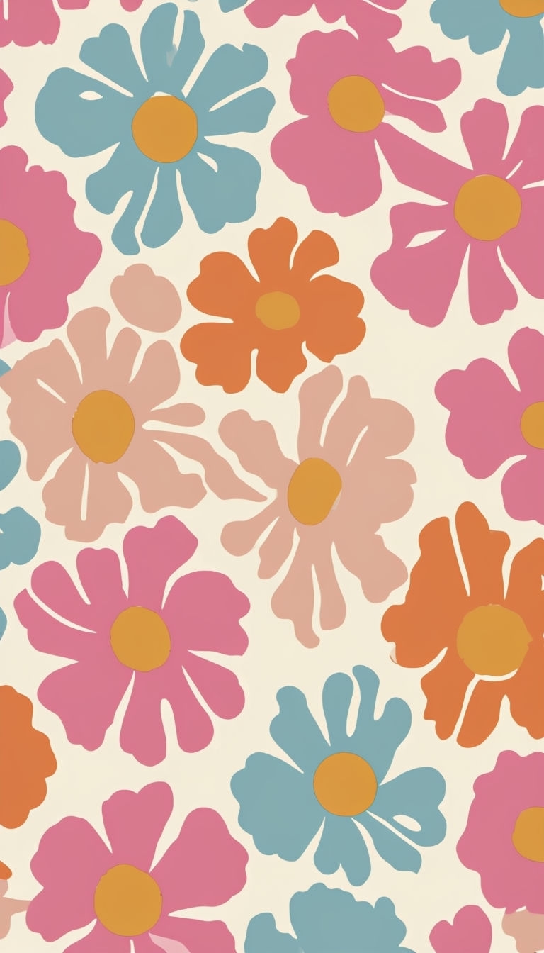 Vibrant Retro Floral Pattern with Cheerful Colors Mobile Wallpaper