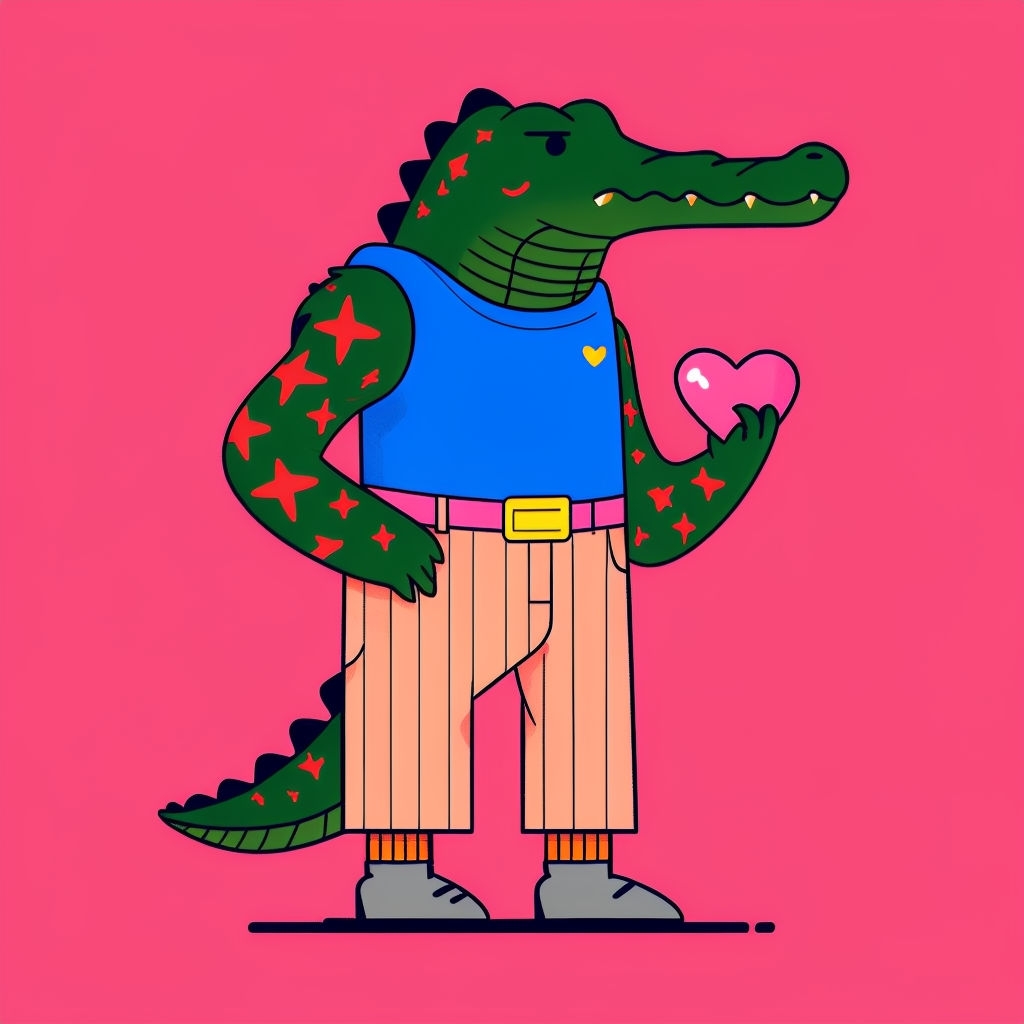 Playful Cartoon Alligator Character with Heart Illustration Sticker