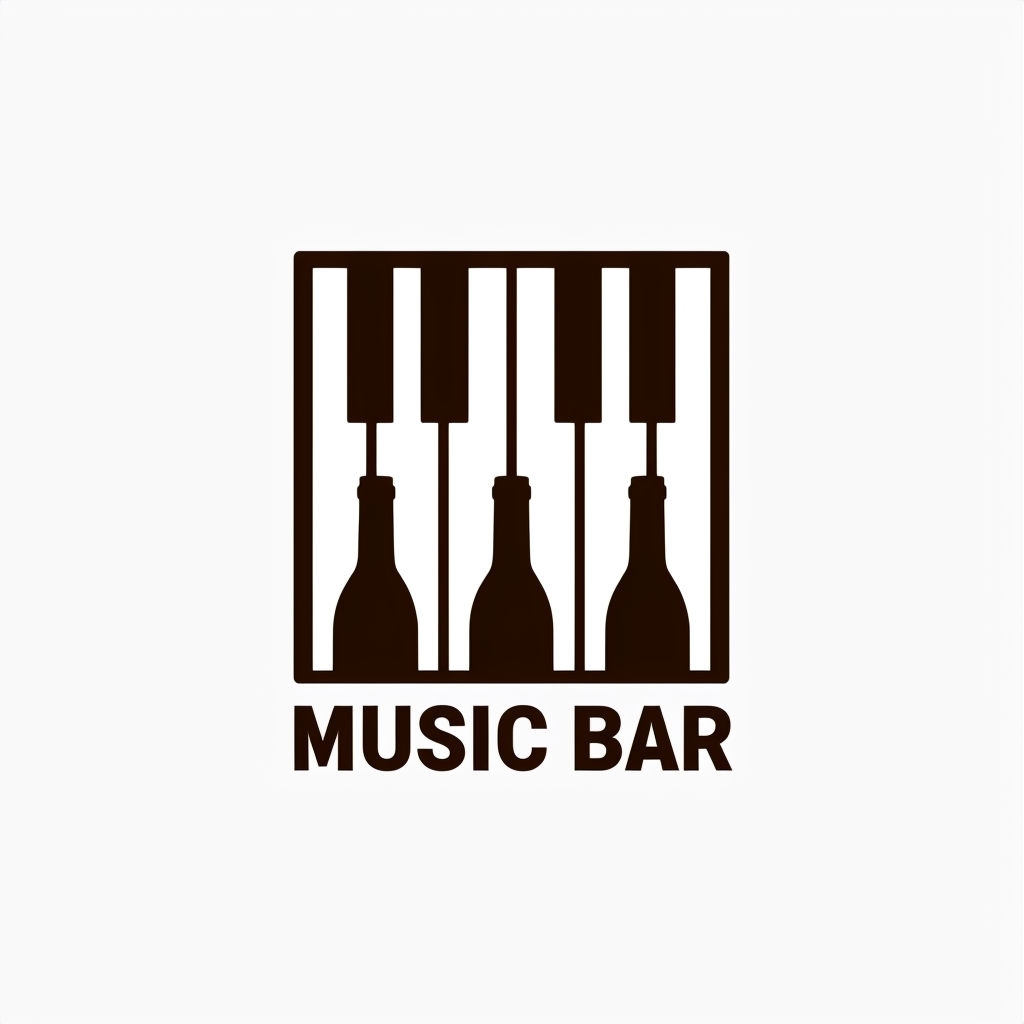 Minimalist Music Bar Logo with Piano Keys and Wine Bottles