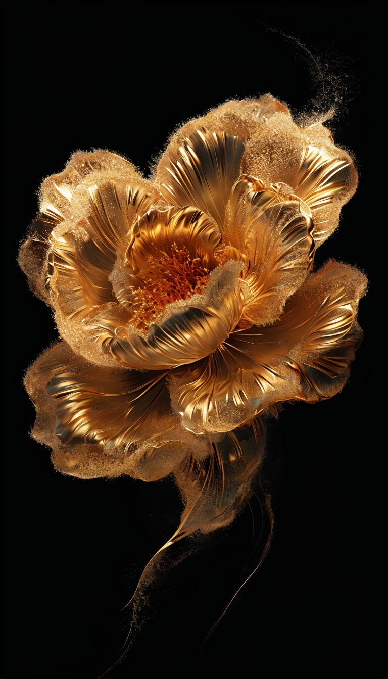 Elegant Golden Flower Art against Black Background Mobile Wallpaper