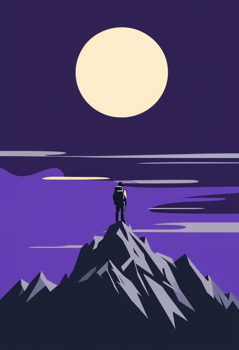 Lone Hiker Silhouette Against Full Moon in Purple Night Sky Art