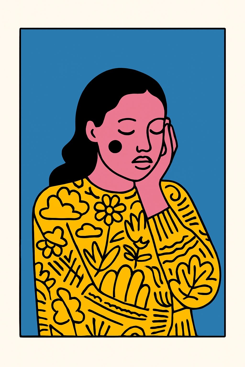 Vibrant Minimalist Woman Illustration with Floral Sweater Art