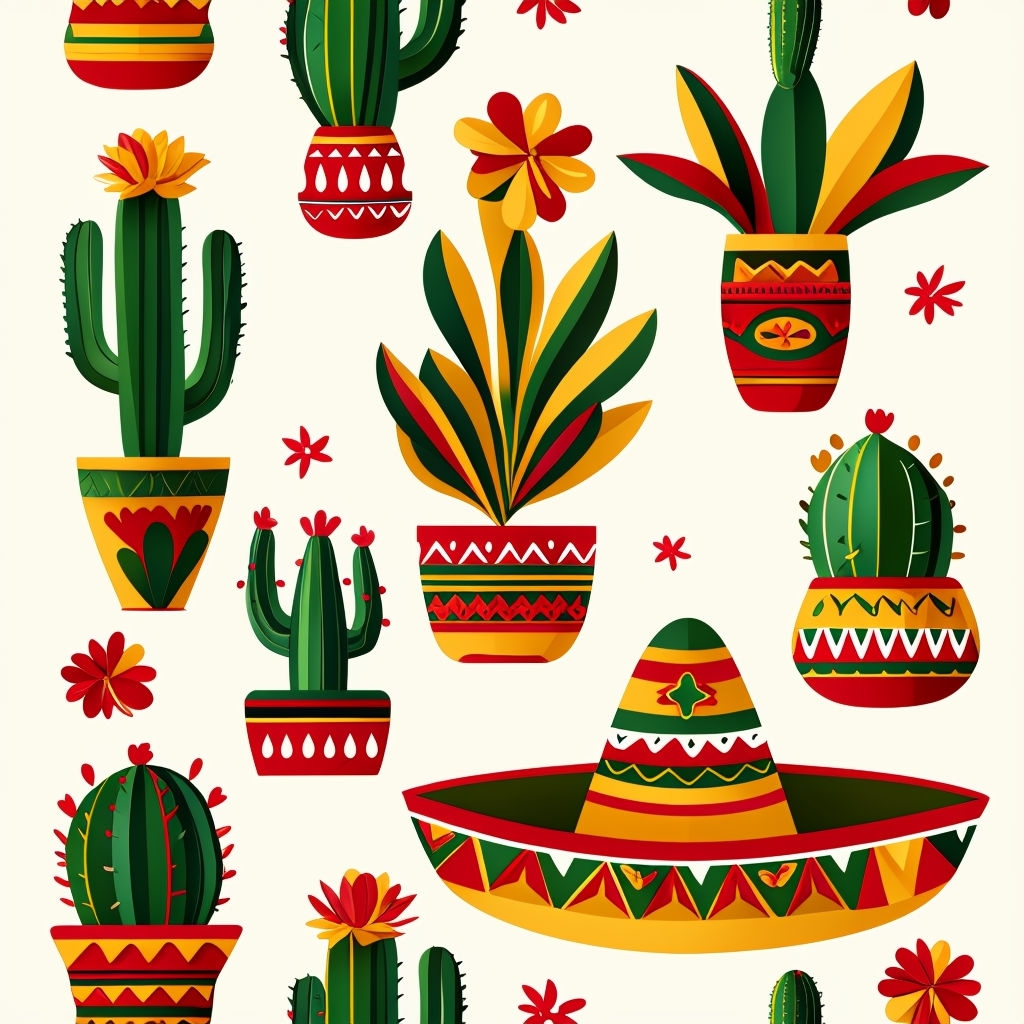 Vibrant Mexican Folk Art Cactus and Flower Pattern Design Seamless Pattern