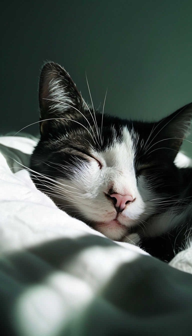 Peaceful Black and White Cat Sleeping Close-Up Mobile Wallpaper