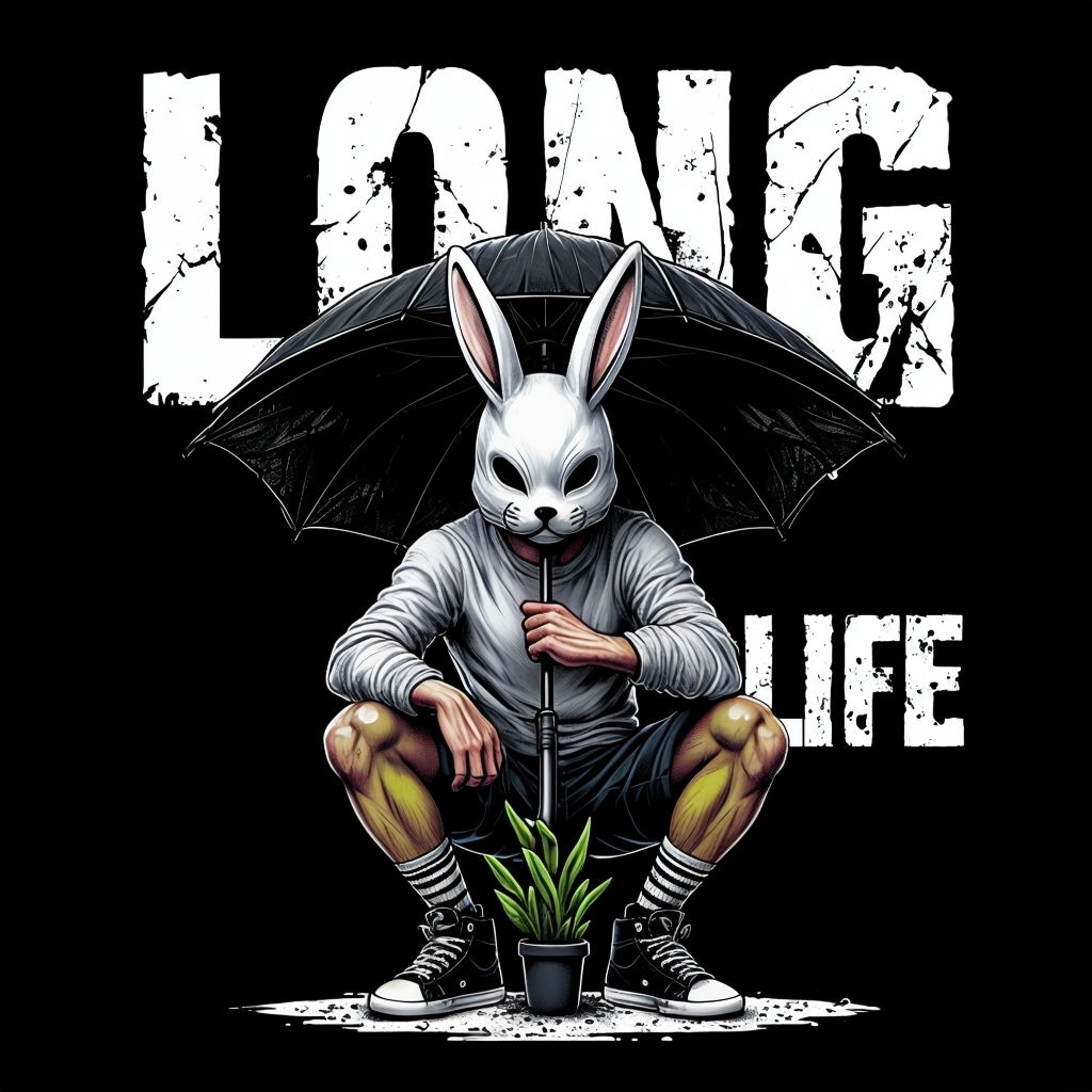 White Rabbit Mask Figure with Umbrella and 'Long Life' Text T-Shirt