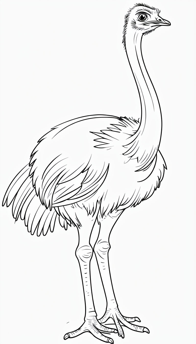 Detailed Black and White Ostrich Line Drawing Coloring Page