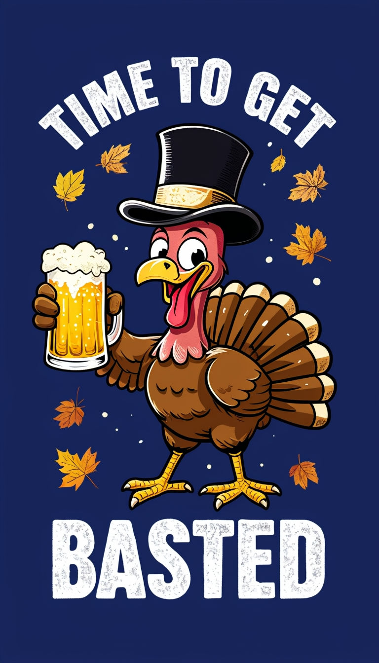 Cheerful Cartoon Turkey with Beer and Autumn Leaves Poster