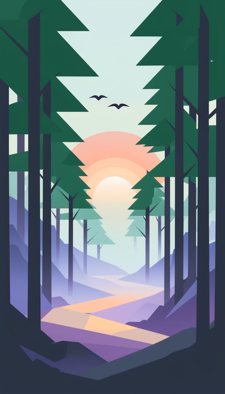 Serene Dawn Forest Scene with Geometric Trees Mobile Wallpaper