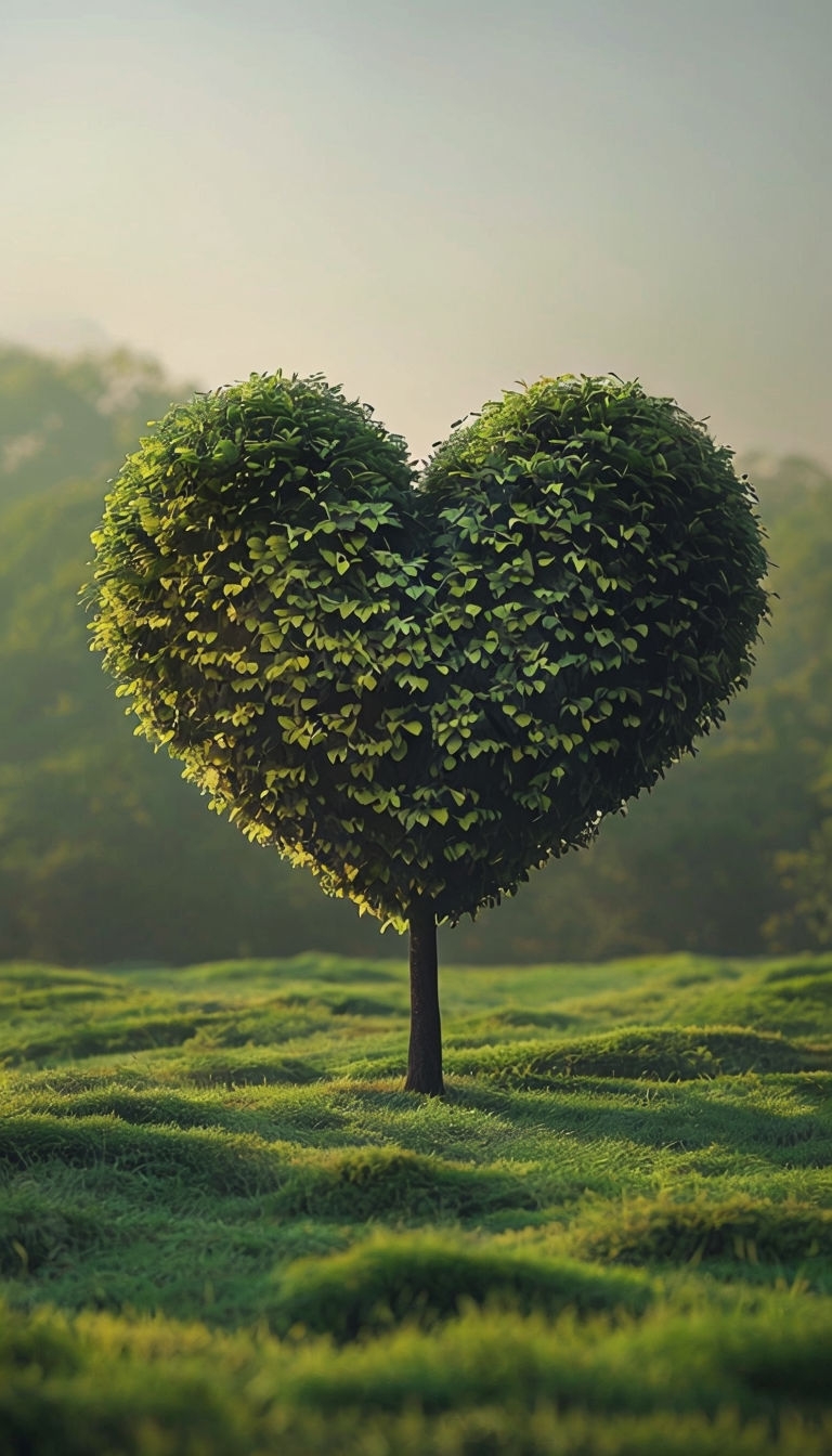 Heart-Shaped Tree in Tranquil Green Field Mobile Wallpaper