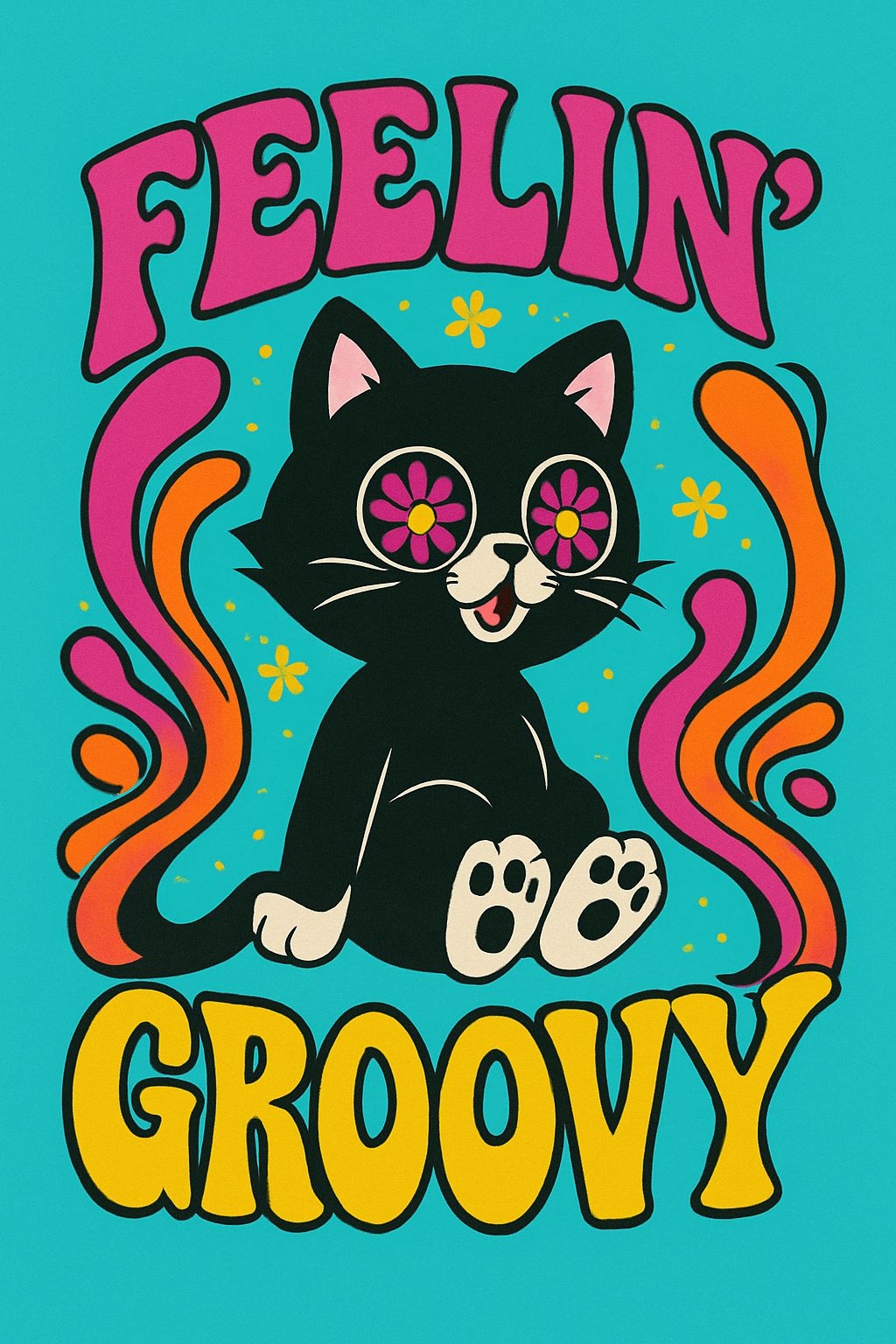 Vibrant Retro Black Cat Pop Art with Floral Eyes T-Shirt