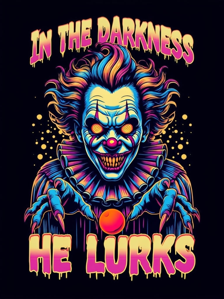 Sinister Neon Clown in Darkness Horror T-Shirt