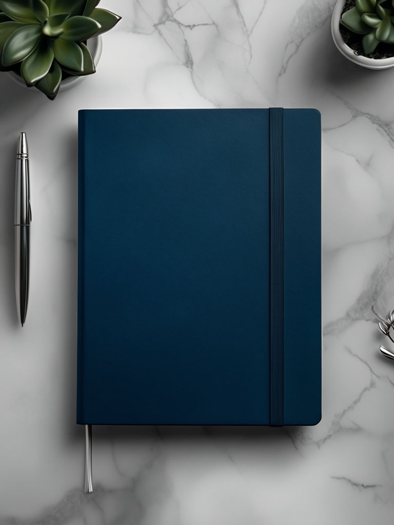 Elegant Navy Blue Notebook on Marble Surface Mockup