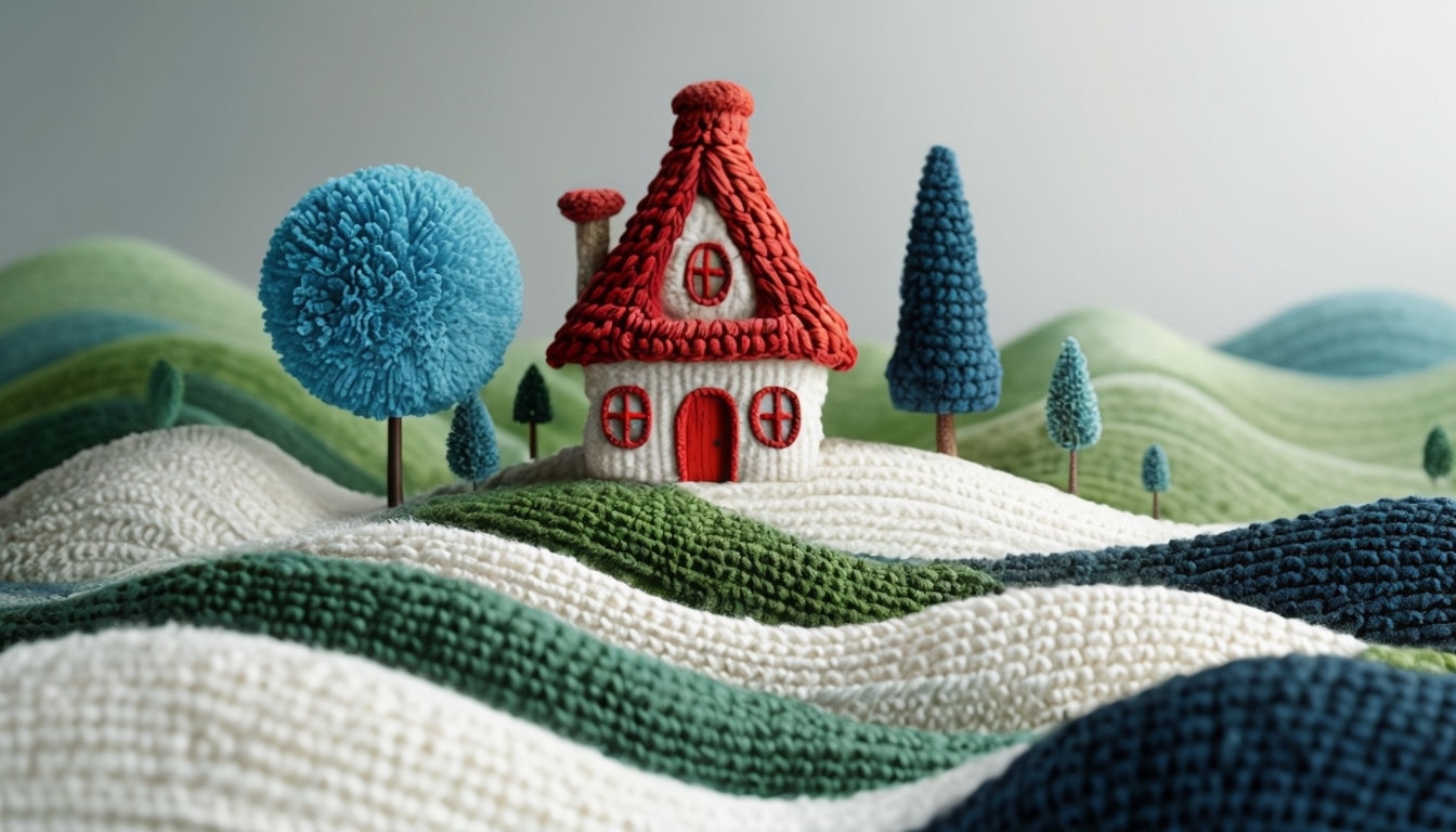 Whimsical Knitted Landscape with Cozy Red Roof House Virtual Backgrounds