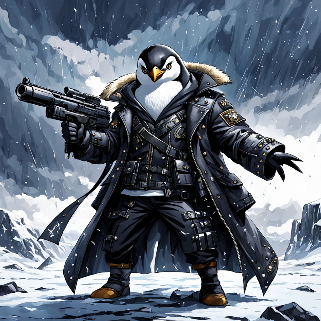 Hostile penguin in a combat stance wielding a minigun by Emma Williams ...