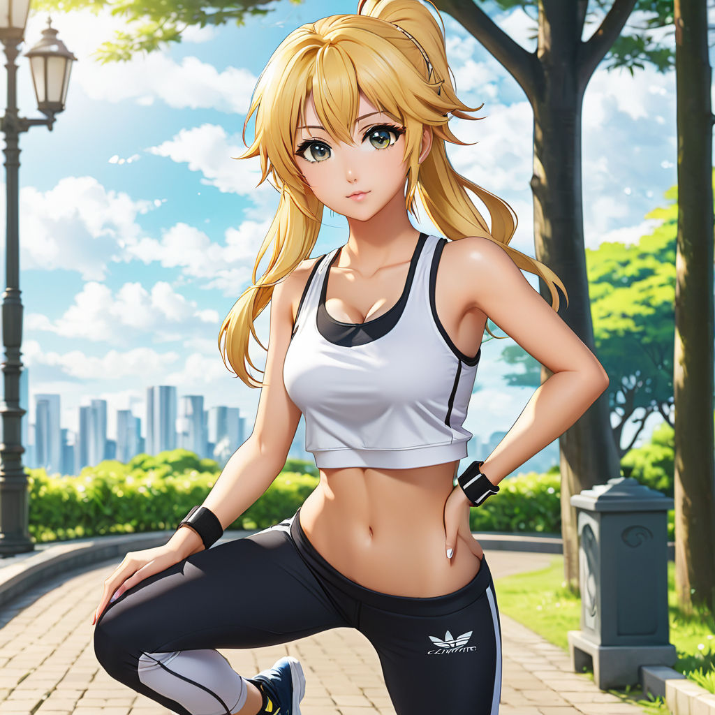 Blond anime woman with large waist and larger chest In yoga pants anime