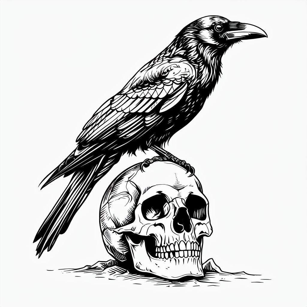 Intricate Black and White Crow on Skull Line Drawing Mug