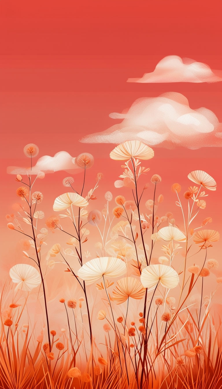 Serene Grassy Field with Delicate Flowers and Coral Sky Mobile Wallpaper