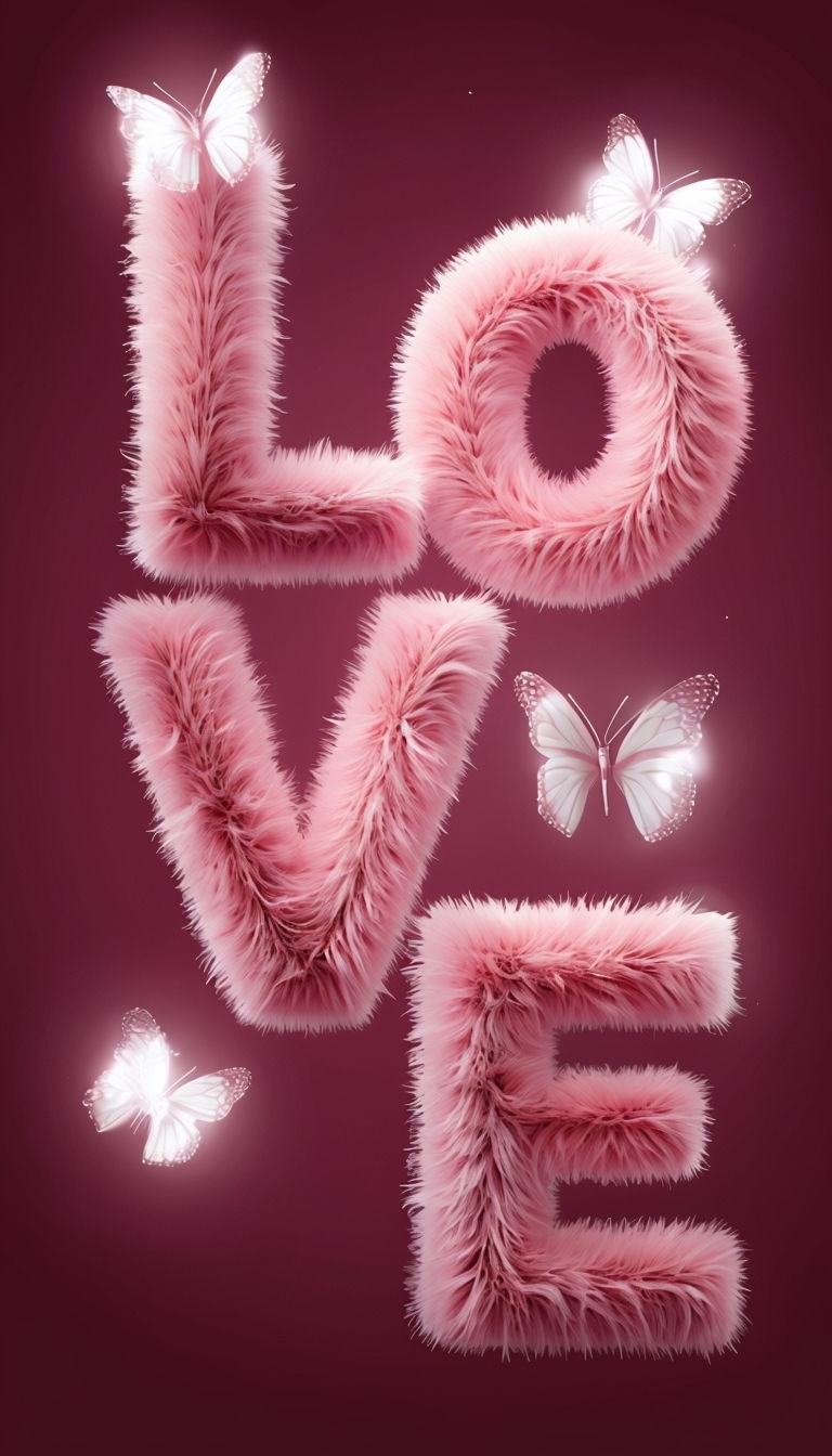 Fluffy Pink LOVE Text with Butterflies on Deep Maroon Background Mobile Wallpaper