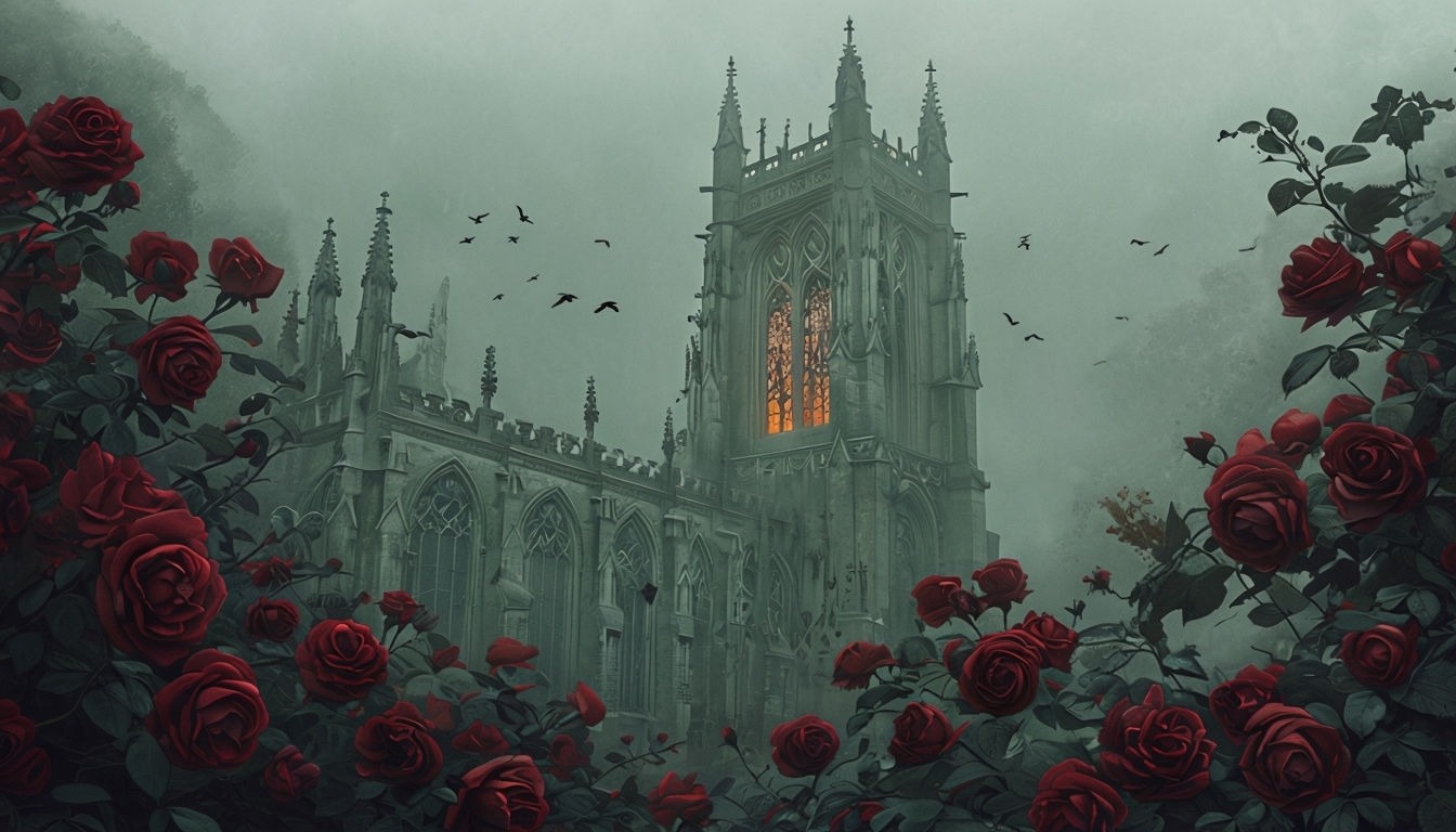 Gothic Cathedral Tower Surrounded by Roses Virtual Background