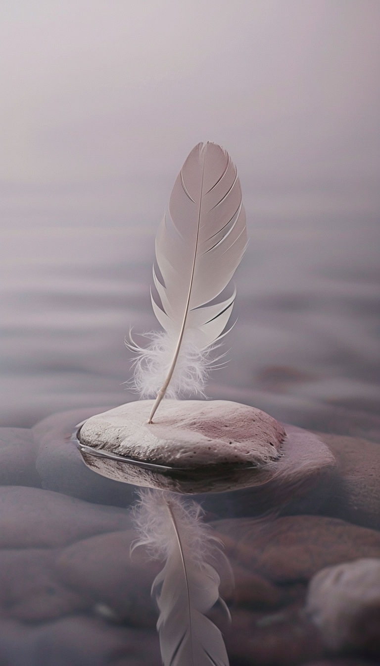 Floating White Feather Reflection on Serene Water Mobile Wallpaper