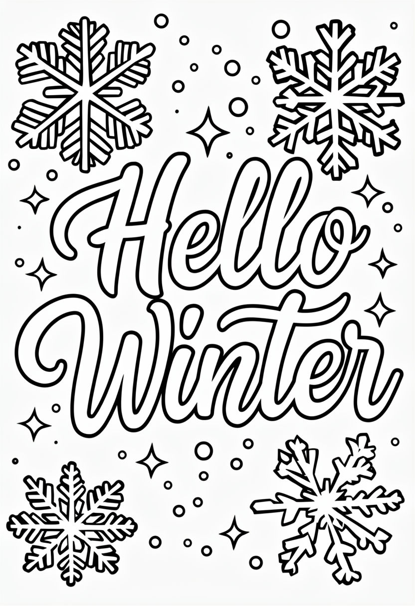 Hello Winter Cursive Script with Snowflakes Coloring Page