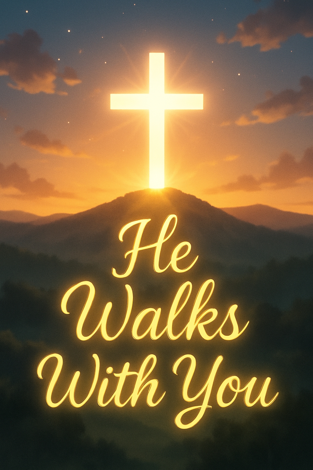 Glowing Cross with 'He Walks With You' Text Mobile Wallpaper