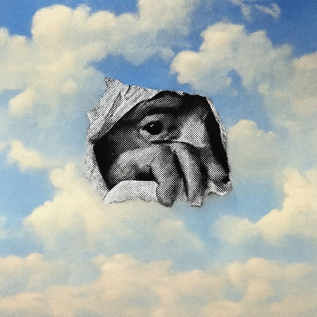 Surreal Eye with Torn Paper Effect Against Soft Blue Sky Spotify Album Cover