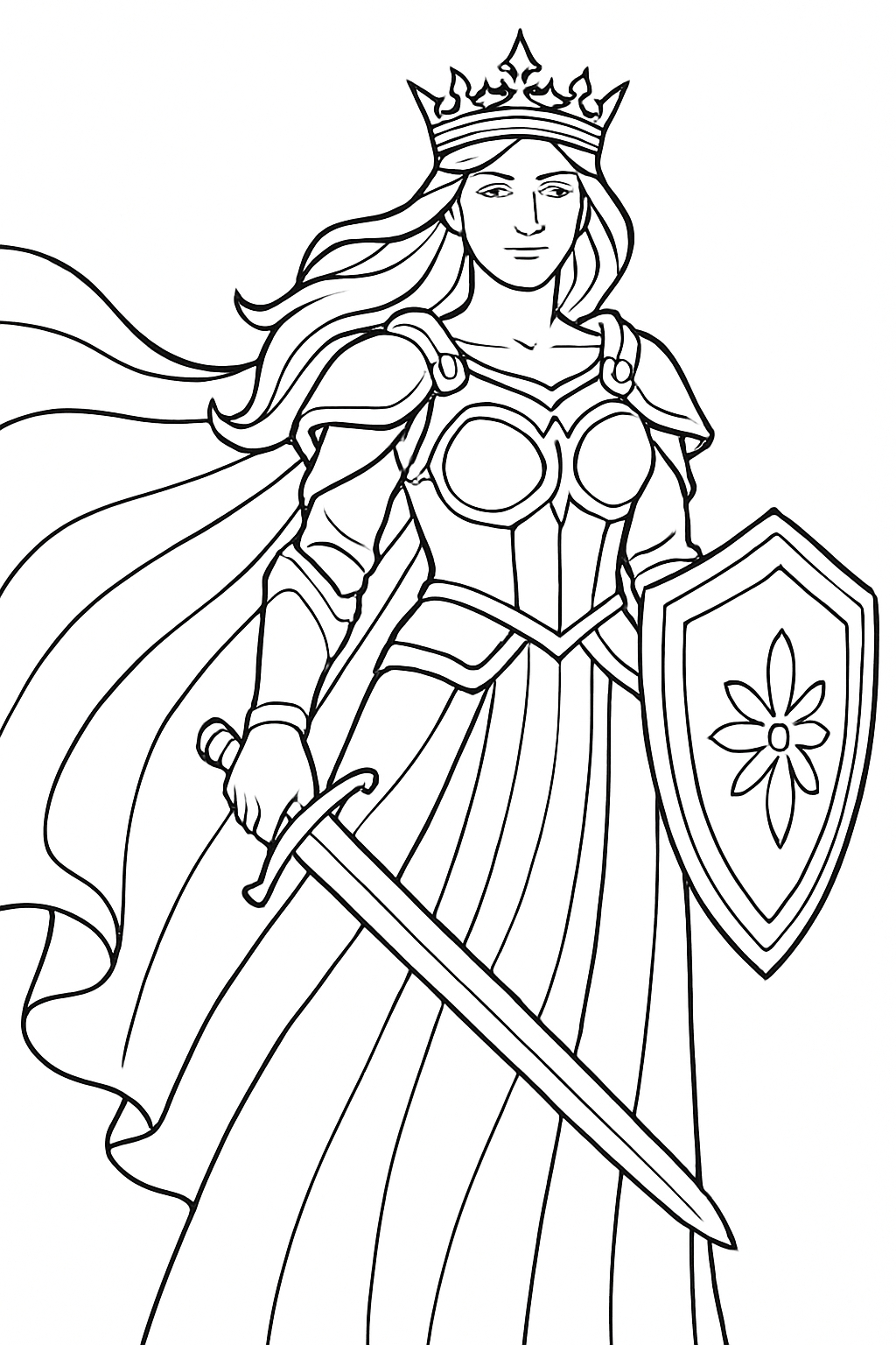 Heroic Armored Female Knight Illustration for Coloring Book Pages