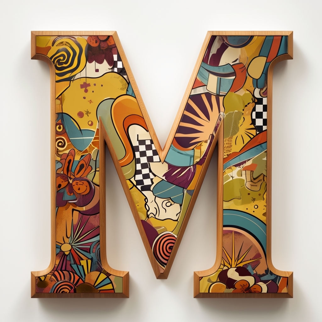 Vibrant Retro-Inspired Wooden M Monogram Design Sticker