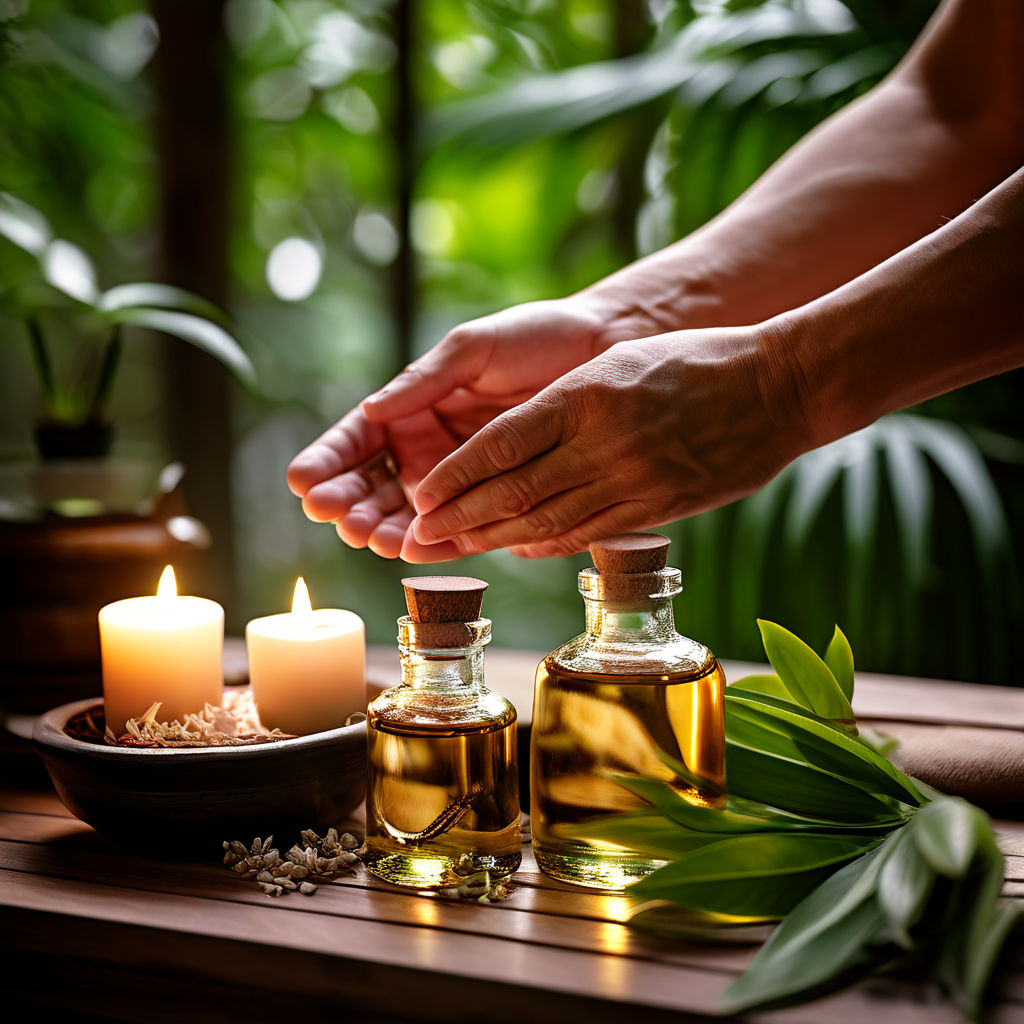 Essential oils glisten under soft, warm light, masseur's hands applying them smoothly to the relaxed skin of a client, serene ambiance, promoting increased blood circulation and a state of deep relaxation, surrounded by lush greenery in a Zen-style spa setting, focus on the delicate interaction between hands and skin, essential oil bottles arranged delicately nearby, depicting a tranquil, holistic wellness experience, digital painting, ultra realistic,