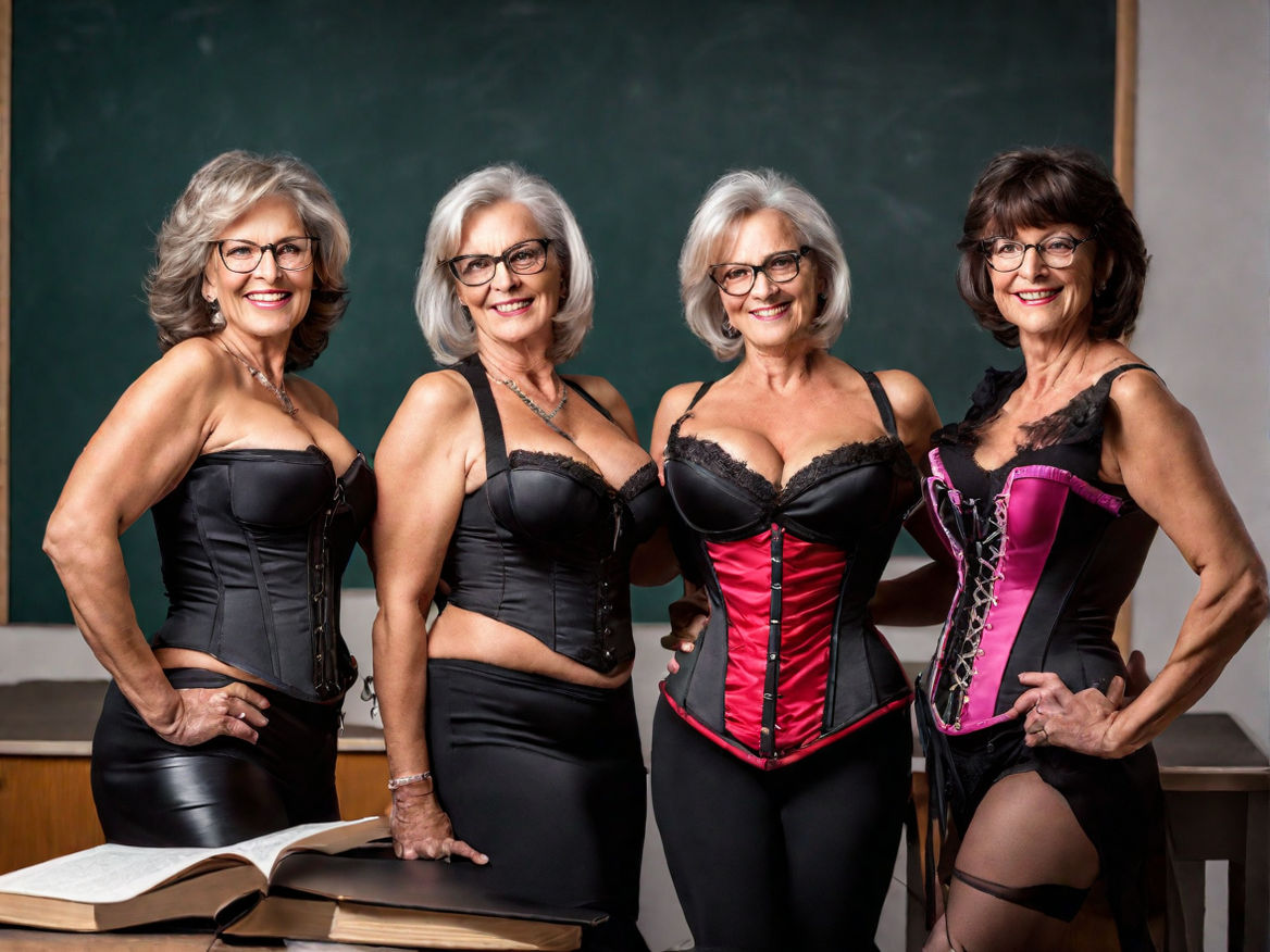 four plus size grannies in satin white sexy bras and panties