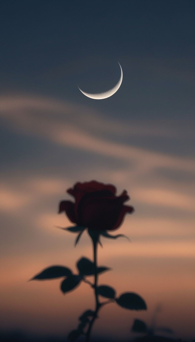 Serene Twilight Rose with Crescent Moon in Tranquil Sky Mobile Wallpaper