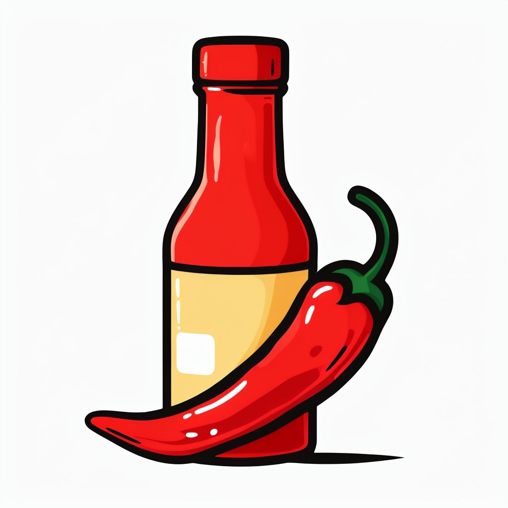 Vibrant Red Hot Sauce Bottle and Chili Pepper Cartoon Sticker