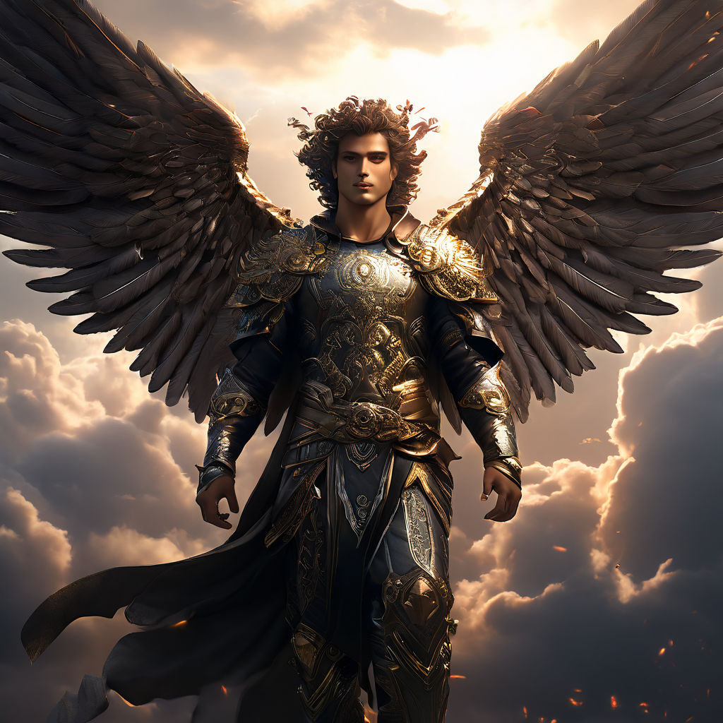 please create a photo of Archangel Michael from ancient book of King  Solomon holding a sword with golden wings. Please make Archangel Michael  look straight in your eyes and have a holy