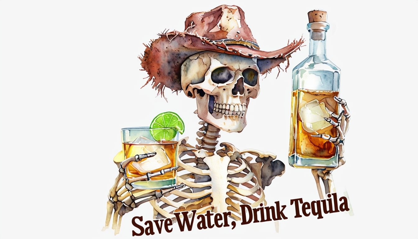 Whimsical Skeleton Cowboy Drinking Tequila Art Poster