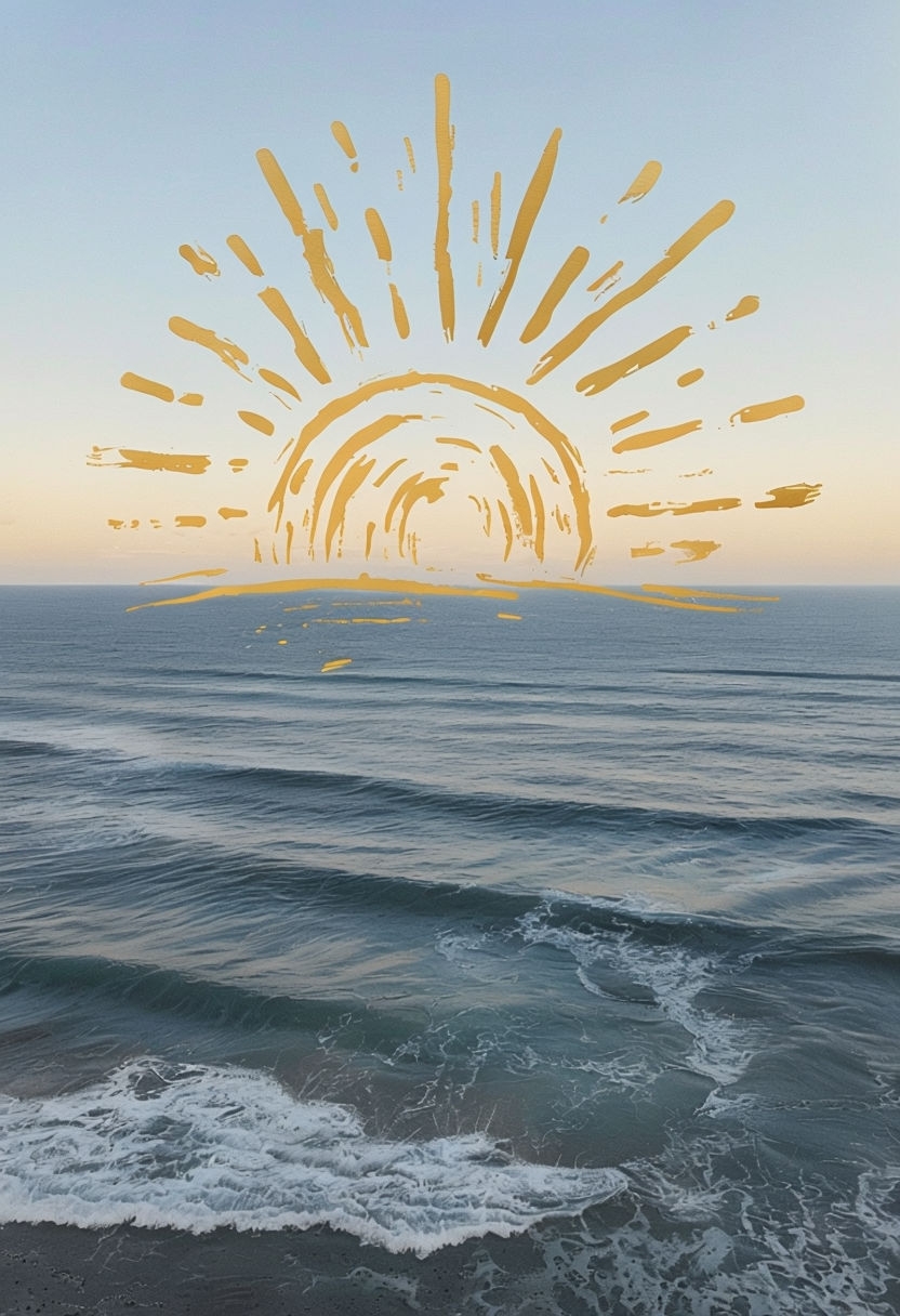 Tranquil Coastal Scene with Whimsical Sun Art Poster