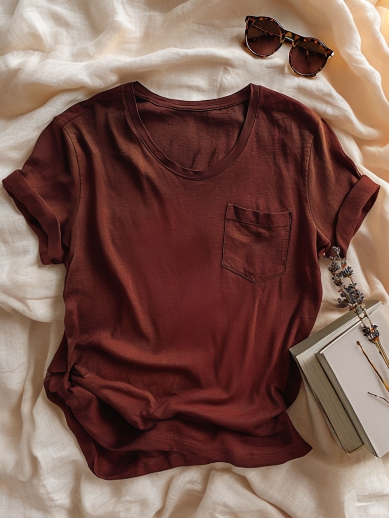 Elegant Maroon Linen T-Shirt Flat Lay Photography Mockup