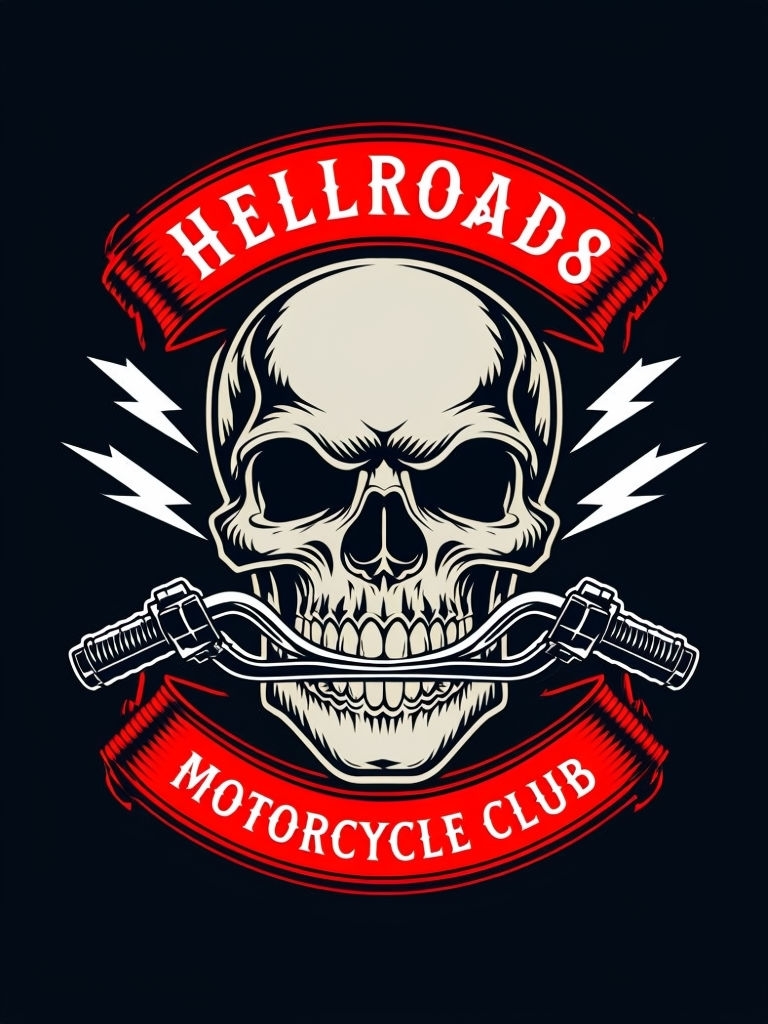 Bold Skull and Lightning Emblem for Motorcycle Club T-Shirt