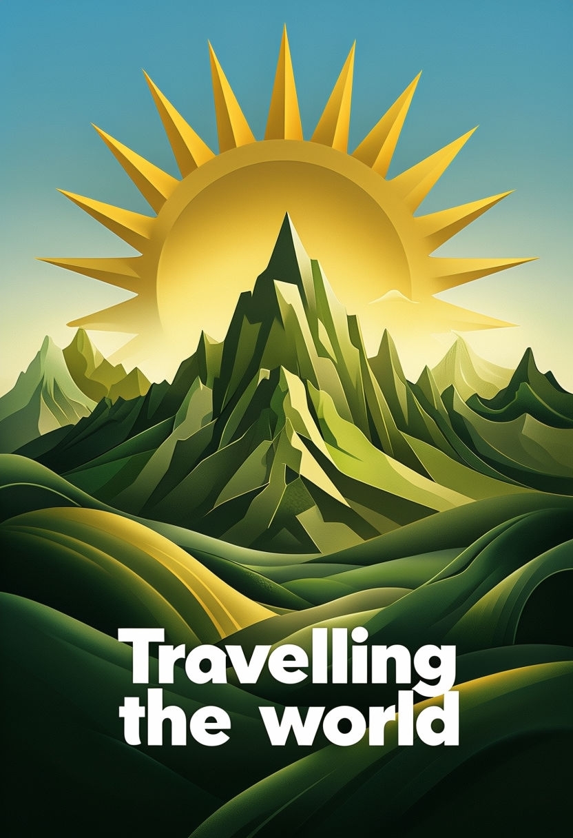 Vibrant Modernist Mountain Landscape with Sun Illustration Poster