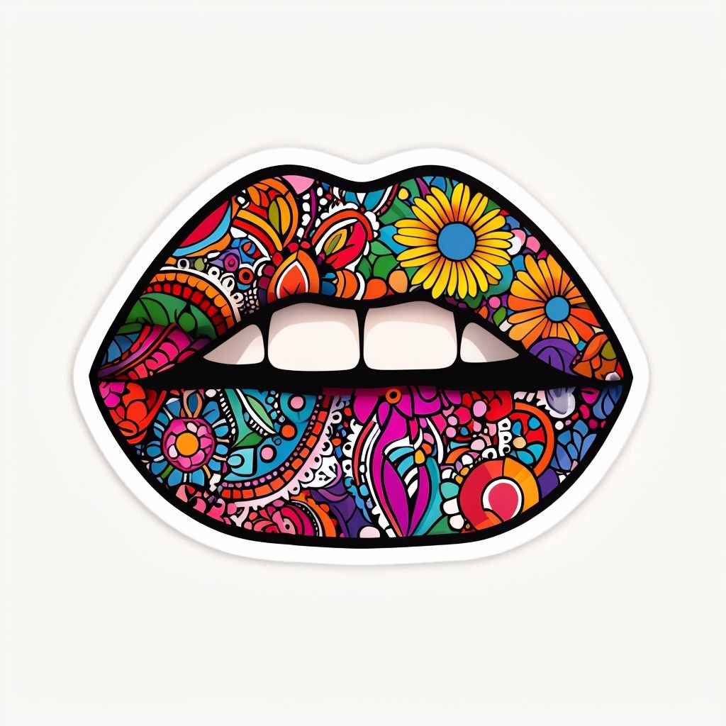 Colorful Floral Lips Art Sticker with Abstract Patterns