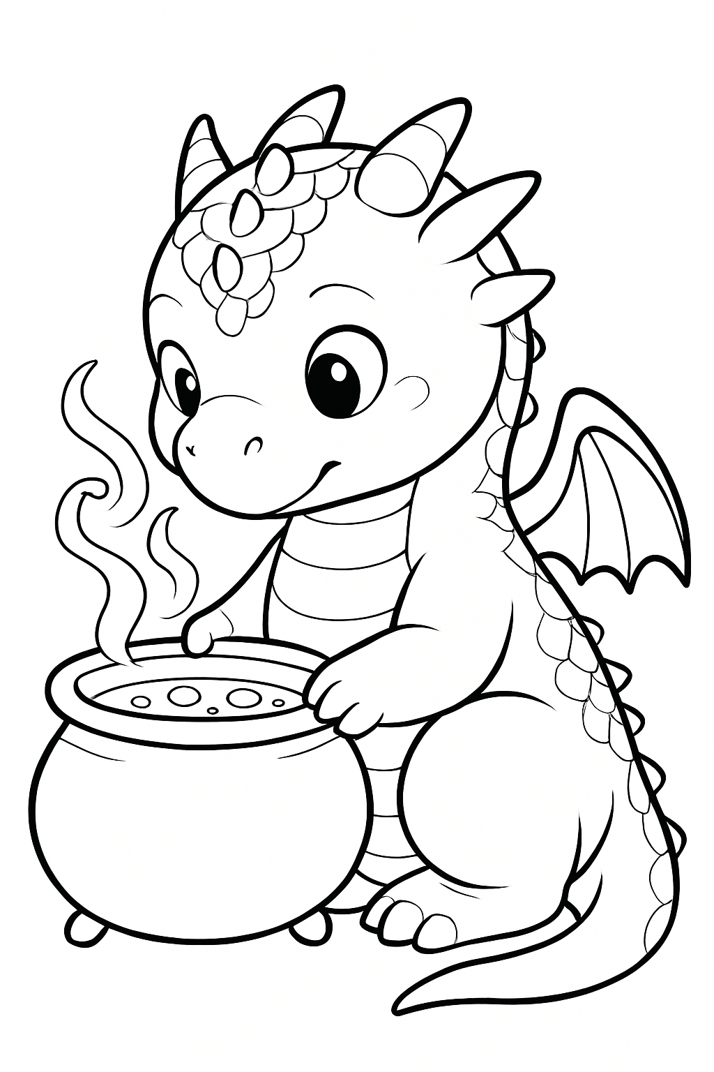 Adorable Baby Dragon with Cauldron Whimsical Illustration Coloring Book Pages