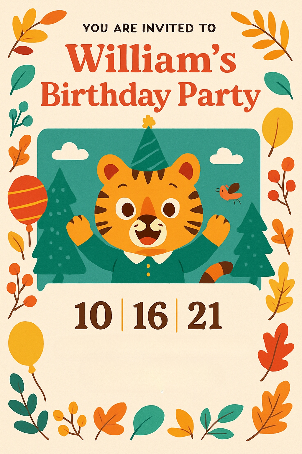 Cheerful Cartoon Tiger Birthday Party Invitation Design Card