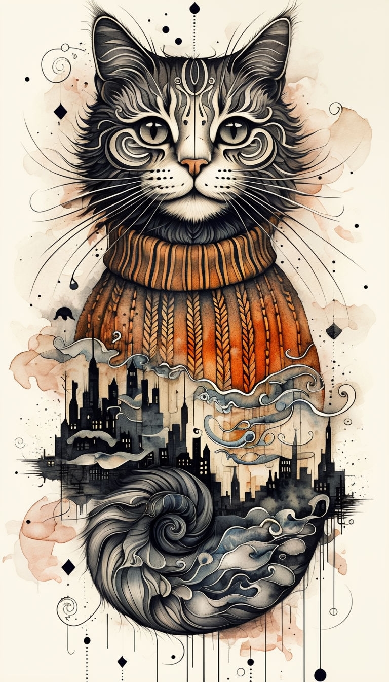 Whimsical Surreal Cat with Cityscape and Textured Sweater Art - Playground