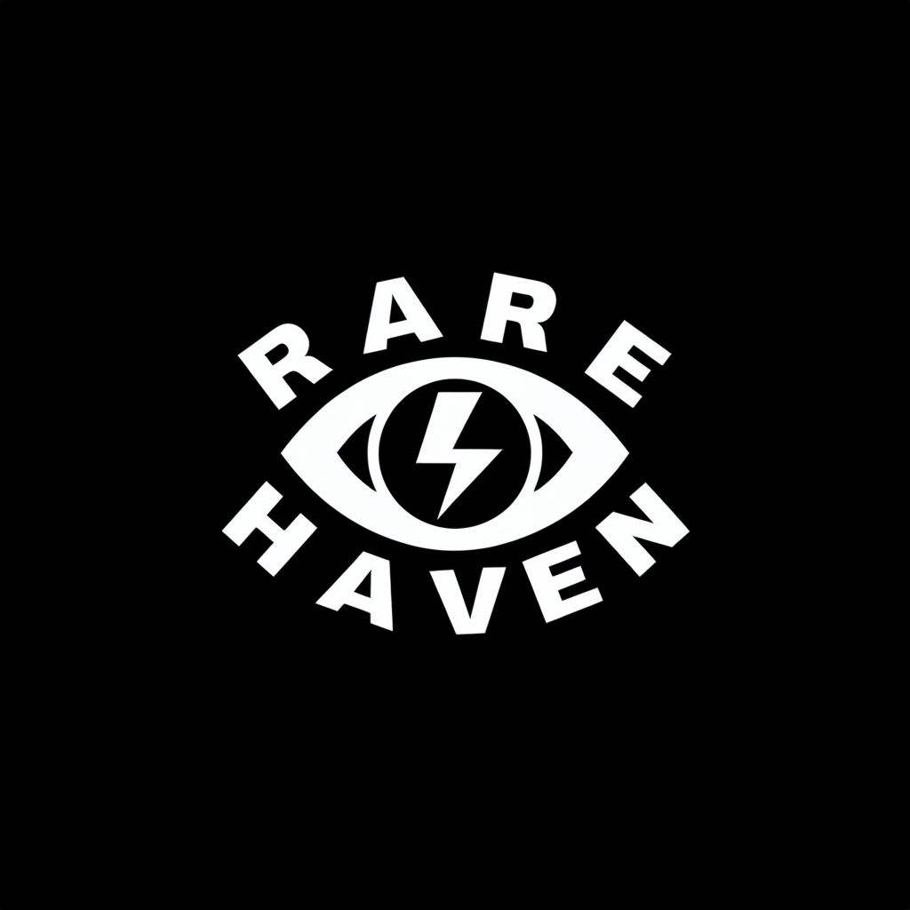 Bold RARE HAVEN Logo Design with Abstract Eye Symbol T-Shirt